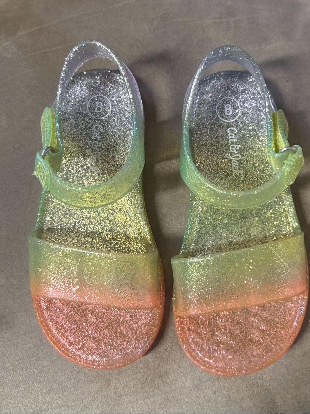 Size 8 Cat & Jack green-to-orange ombre glitter jelly hook/loop sandals. In EUC
